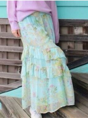 NWT Vineyard Vines Pastel Floral Tiered Maxi Skirt in Mint Blue size XL